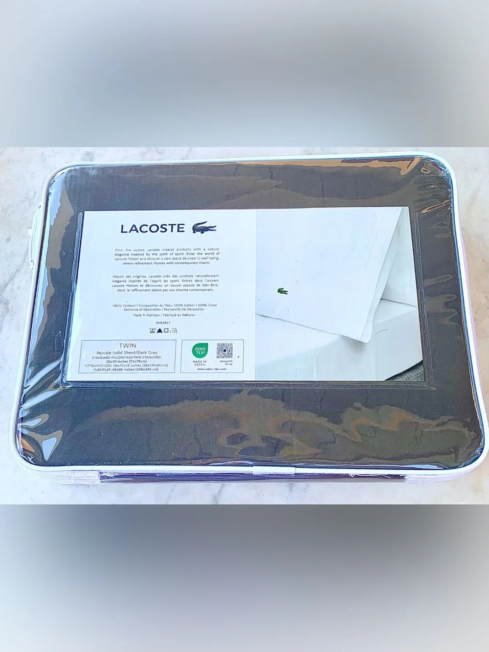 LACOSTE 3PC TWIN BED SHEET SET NEW DARK GREY 100 % COTTON
